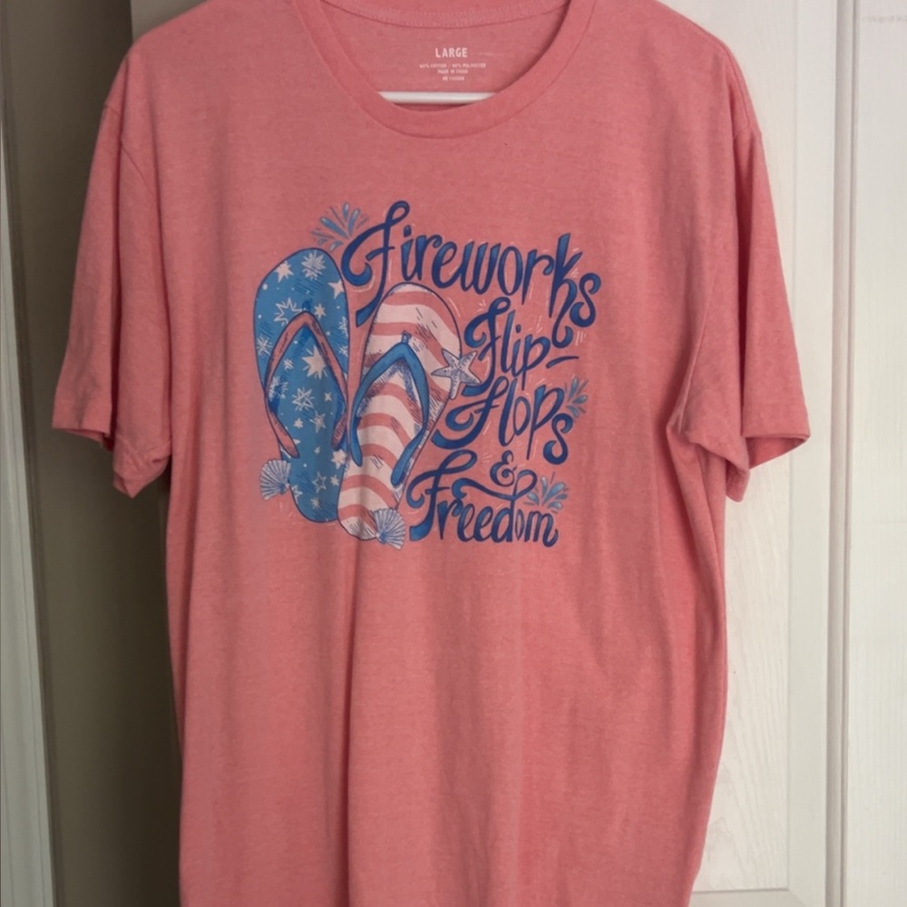 Pink Graphic T-Shirt with Firework and flip flops Design